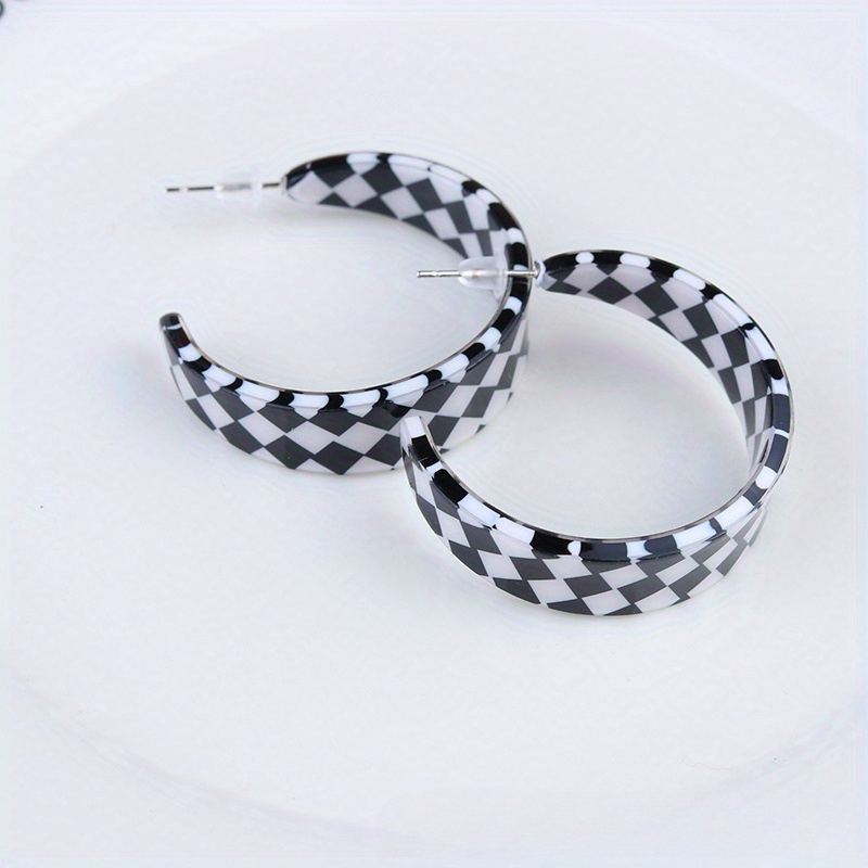 Vintage Boho Checkerboard C Hoop Earrings Stainless Steel Acrylic Posts